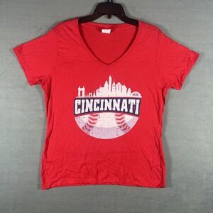 Port & Company Women's Red Cincinnati Baseball Graphic V-Neck T-Shirt Size L